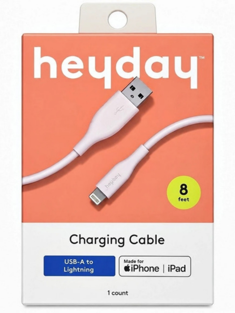 heyday USB-A to Lightning Silicone Charging Cable 8 ft Charging Cable 8 ft Pink